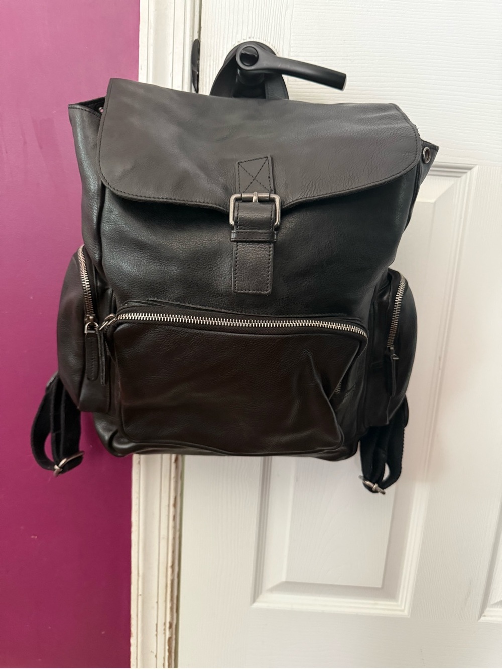 latico Black Leather Flap Backpack with Front Zip Pocket